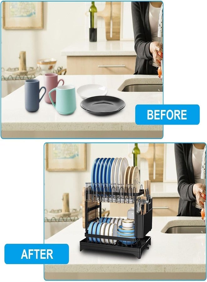CBEX 2 Tier Dish Drainer Rack, Black Dish Drying Rack, Stainless Steel Draining Dish Rack and Drain Board Set, Dish Drying Rack Kitchen Drainer with Utensil Holder for Kitchen Counter - Image 5