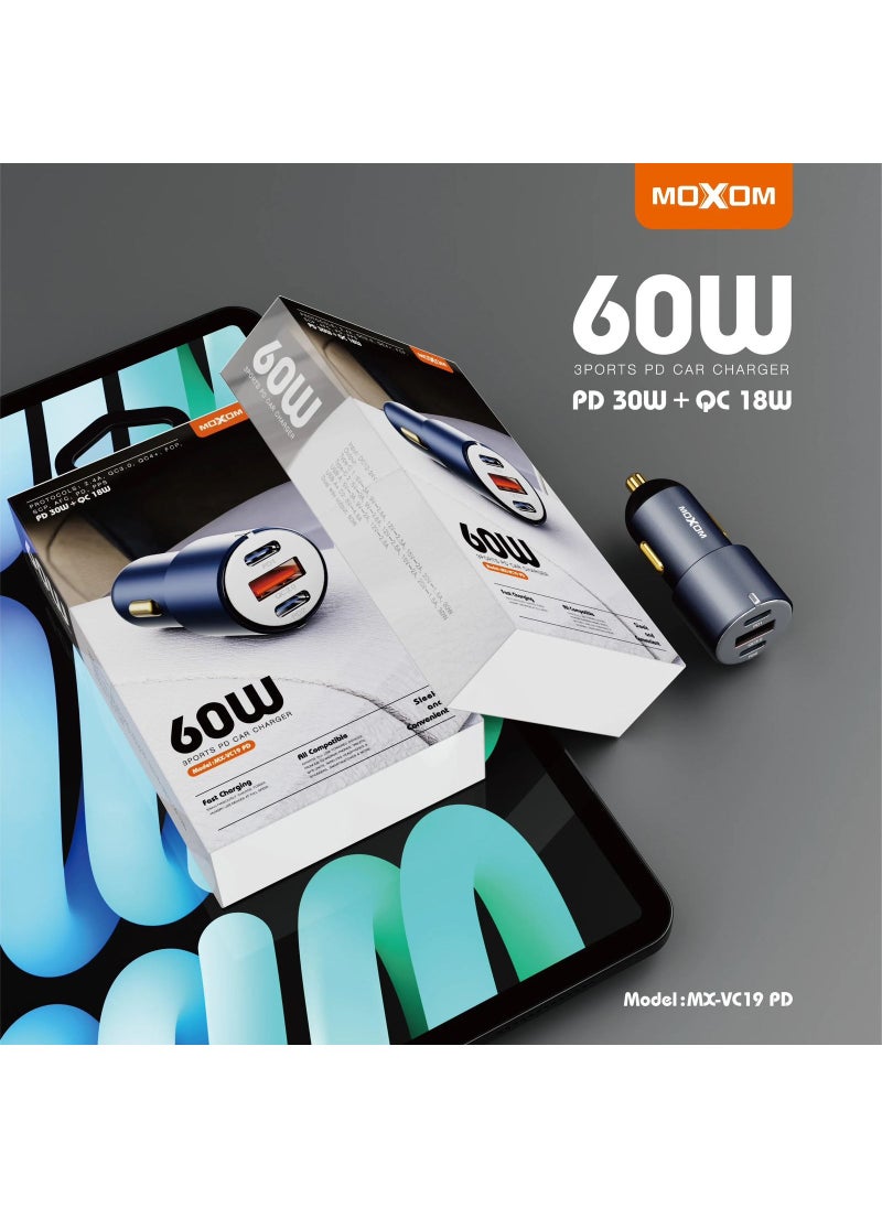 MOXOM 60W Fast Car Charger 3 Port Fast Car Power Adapter PD 30W QC 18W Car USB Charger Plug for Samsung, iPhone, iPad Pro/Air, Huawei, Oneplus, Xiaomi, etc MX-VC19  - Image 5