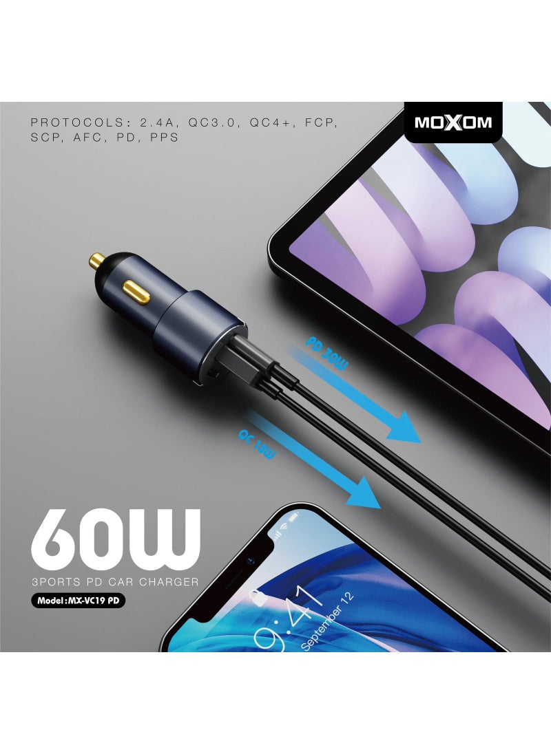 MOXOM 60W Fast Car Charger 3 Port Fast Car Power Adapter PD 30W QC 18W Car USB Charger Plug for Samsung, iPhone, iPad Pro/Air, Huawei, Oneplus, Xiaomi, etc MX-VC19  - Image 2