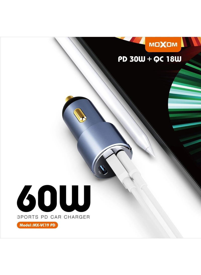 MOXOM 60W Fast Car Charger 3 Port Fast Car Power Adapter PD 30W QC 18W Car USB Charger Plug for Samsung, iPhone, iPad Pro/Air, Huawei, Oneplus, Xiaomi, etc MX-VC19  - Image 3