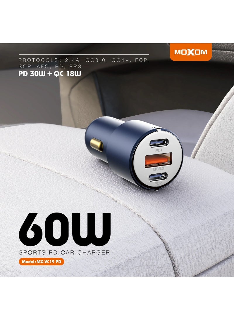MOXOM 60W Fast Car Charger 3 Port Fast Car Power Adapter PD 30W QC 18W Car USB Charger Plug for Samsung, iPhone, iPad Pro/Air, Huawei, Oneplus, Xiaomi, etc MX-VC19  - Image 1