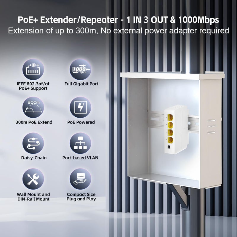 موسع يو لينكا 4 منافذ جيجابت PoE مع 1 مدخل PoE و3 مخارج PoE، مكرر PoE IEEE 802.3 af/at بقدرة 30 واط مع سرعة 10/100/1000 ميجابت في الثانية، مفتاح PoE ترحيل قابل للتركيب على الحائط وسكة DIN - Image 2