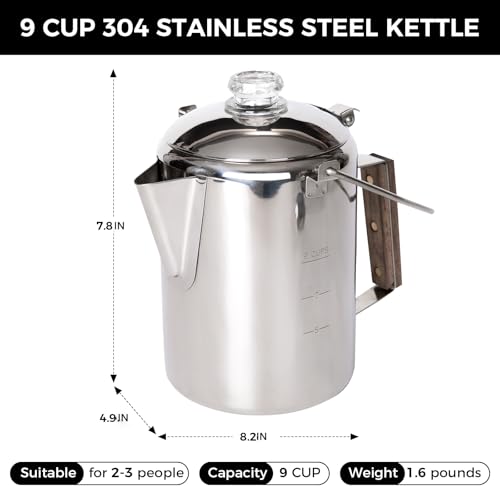 KingCamp Percolator Coffee Pot Campfire Coffee Boiler Kettle 304 Stainless Steel with Wood Handle for Outdoor Camping Cookware, Cabin, RV, Kitchen, Hunting & Backpacking, NO Aluminum or Plastic 9 Cup - Image 2