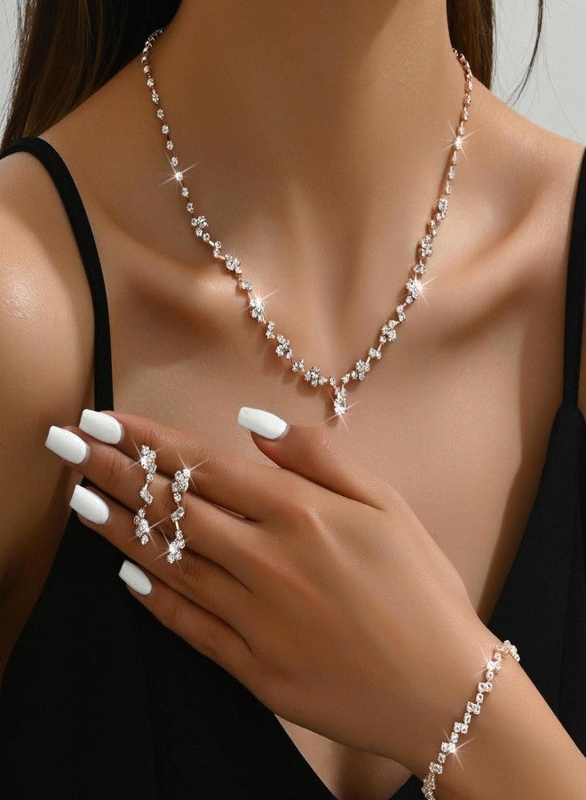 INENIMARTJ Prom Jewelry Sets Rose Gold Jewelry Set for Brides Bridesmaid Elegant Crystal Prom Earrings Necklace Bracelet Set Bridal Wedding Prom Dresses Costume Jewelry for Women (Rose Gold) - Image 3