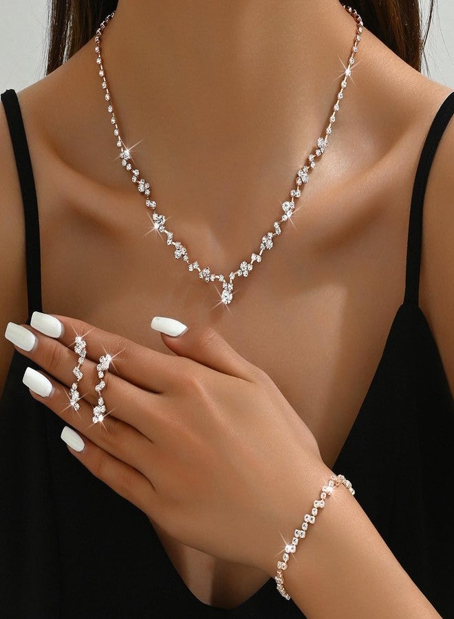 INENIMARTJ Prom Jewelry Sets Rose Gold Jewelry Set for Brides Bridesmaid Elegant Crystal Prom Earrings Necklace Bracelet Set Bridal Wedding Prom Dresses Costume Jewelry for Women (Rose Gold) - Image 2