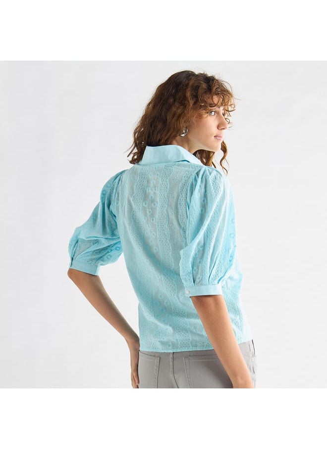 Splash FAV - All-Over Embroidered Collared Shirt with Puff Sleeves - Image 1