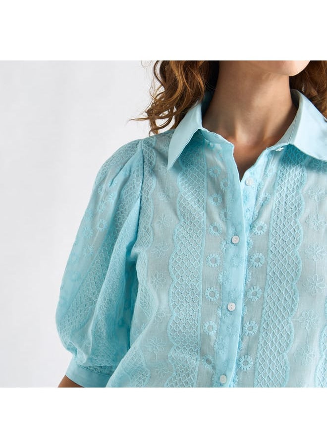 Splash FAV - All-Over Embroidered Collared Shirt with Puff Sleeves - Image 1