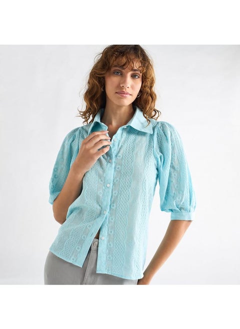 All-Over Embroidered Collared Shirt with Puff Sleeves