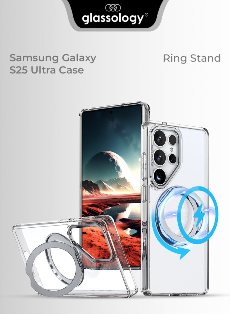 جلاسولوجي Samsung Galaxy S25 Ultra Magnetic Protective Slim Case 360° Ring Stand Military Grade Protection Anti Yellowing iCrystal Tech Transparent - Image 1