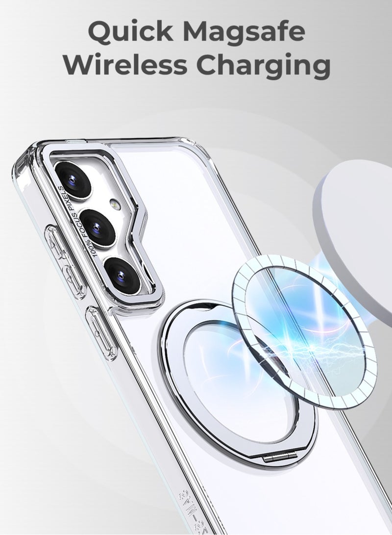 جلاسولوجي Samsung Galaxy S25 Ultra Magnetic Protective Slim Case 360° Ring Stand Military Grade Protection Anti Yellowing iCrystal Tech Transparent - Image 4