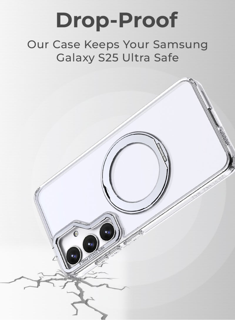 جلاسولوجي Samsung Galaxy S25 Ultra Magnetic Protective Slim Case 360° Ring Stand Military Grade Protection Anti Yellowing iCrystal Tech Transparent - Image 3