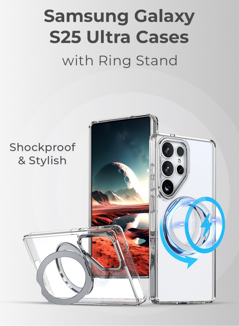 جلاسولوجي Samsung Galaxy S25 Ultra Magnetic Protective Slim Case 360° Ring Stand Military Grade Protection Anti Yellowing iCrystal Tech Transparent - Image 2