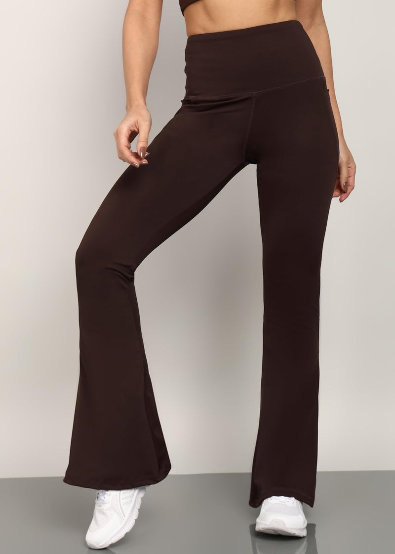 Rock Paper Scissors Women High Rise Premium Flare Pants, Bootcut Style High-Waisted, Sweat-Wicking, Athletic Fit Wide Leg Gym Tights for Working Out, Pilates,Yoga, Fitness & Training Brown, Small - Image 2