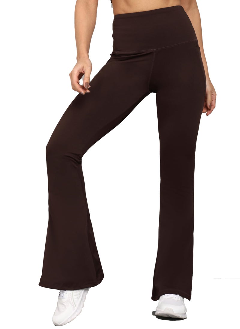 Rock Paper Scissors Women High Rise Premium Flare Pants, Bootcut Style High-Waisted, Sweat-Wicking, Athletic Fit Wide Leg Gym Tights for Working Out, Pilates,Yoga, Fitness & Training Brown, Small - Image 1