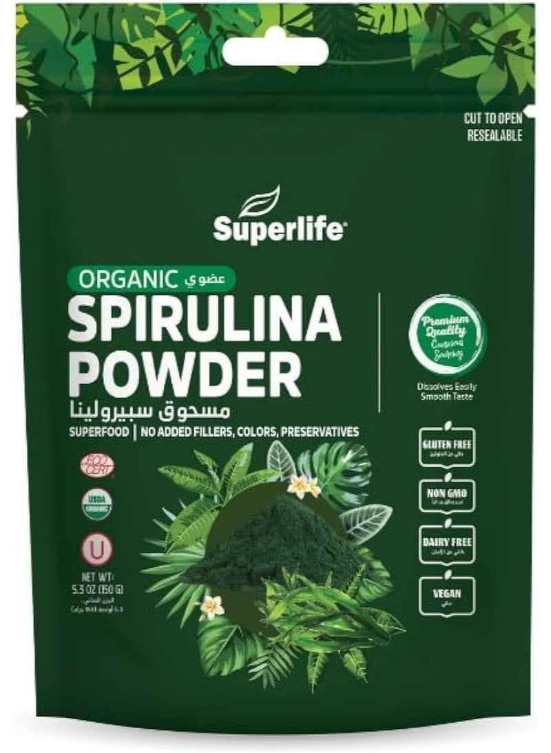 Superlife Organic Spirulina Powder | Cleanest Organic Spirulina Water Green Microalgae | Excellent Source of B12, Vitamin A & Iron | Premium Superfoods Conscious Sourcing | 150 Grams