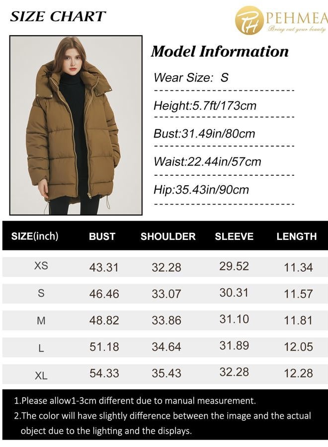 PEHMEA Women Mid-Length Puffer Hooded Jacket Winter Padded Warm Coat Thicken Outerwear Coats(Khaki-M) - Image 5