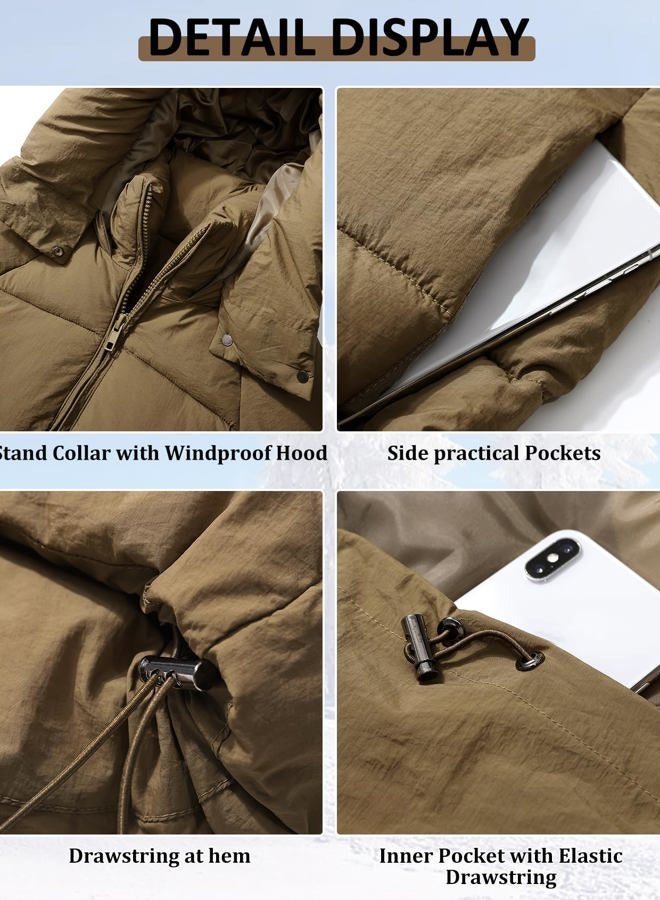 PEHMEA Women Mid-Length Puffer Hooded Jacket Winter Padded Warm Coat Thicken Outerwear Coats(Khaki-M) - Image 3