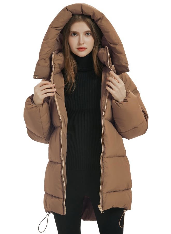 PEHMEA Women Mid-Length Puffer Hooded Jacket Winter Padded Warm Coat Thicken Outerwear Coats(Khaki-M) - Image 2