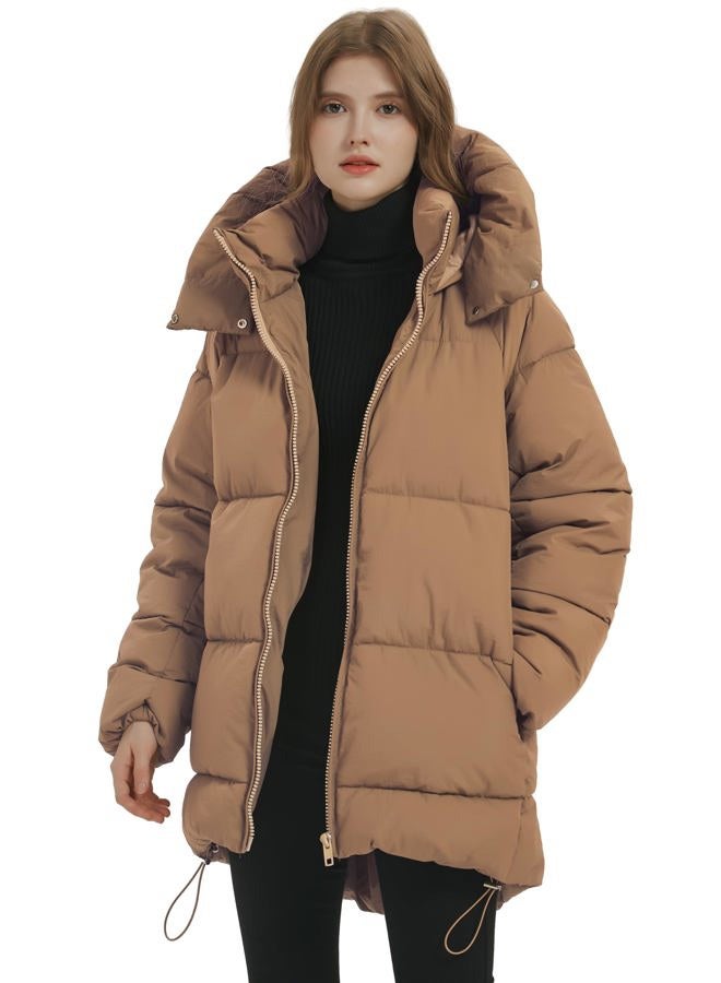 PEHMEA Women Mid-Length Puffer Hooded Jacket Winter Padded Warm Coat Thicken Outerwear Coats(Khaki-M) - Image 1