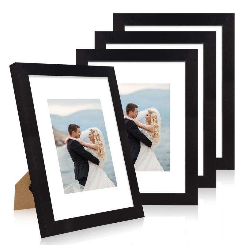 iRahmen 9x12 Picture Frame Set of 4 with Tempered Glass  Rustic Black Wood Frame Display 6x8 Picture with Mat or 9 x 12 Without Mat  9 x 12 Picture Frame for Wall Mount and Tabletop Display - Image 1