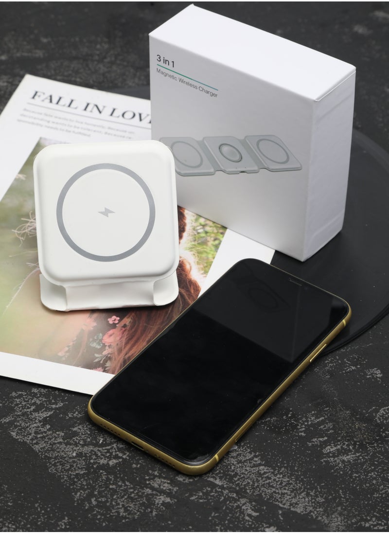 Generic - 3-in-1 Wireless Charger, Magnetic Foldable Charging Station White for iPhone Android - Image 1