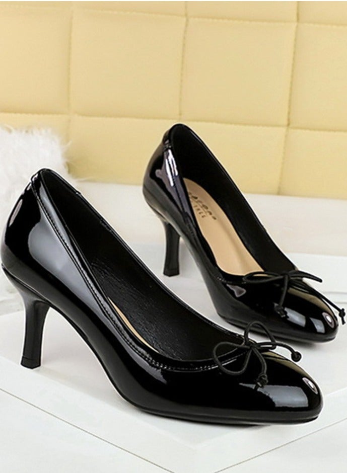 BIGTREE Women's Closed Round Toe High Heels Patent Leather Party Stiletto Pumps Black 7CM - Image 2