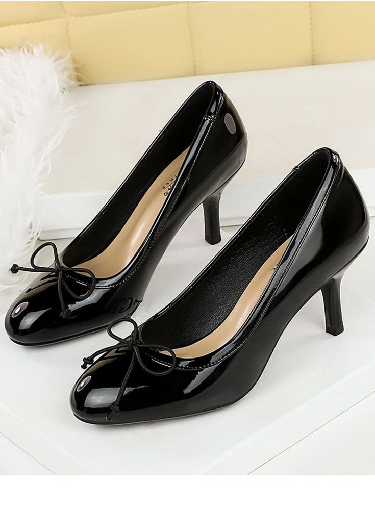 BIGTREE Women's Closed Round Toe High Heels Patent Leather Party Stiletto Pumps Black 7CM - Image 1
