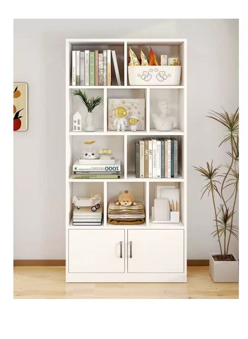  CityRiya-Long رف الكتب رف الخزانة مع الأبواب - أبيض مستقل 4 مستوى مكعب تخزين رف الكتب ، 180 سم طويل حديثة متعددة الطبقات الخزانة ، MDF خشبية عرض تخزين رف منظم للمكتب المنزلي غرفة المعيشة غرفة النوم للأطفال محطة العمل ملف رف (SGG029B-80) - Image 1