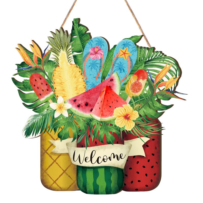 Shellwei Summer Door Sign 12 Inch Wooden Welcome Sign Front Door Decoration Wooden Hanger for Home Bathroom Indoor Outdoor Home Porch Holiday Hanging DecorSummer