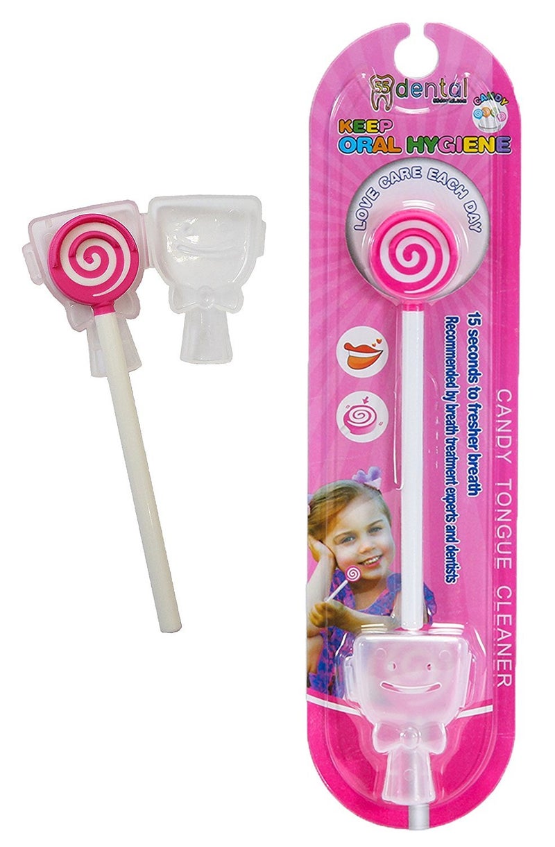 55Dental Kids Tongue Scraper or Cleaner Set â€“ BPA-Free Plastic Dental Scrapers Helps Freshen Bad Breath, Remove Gunk â€“ Multicolored with Easy-to-Grasp Handles and Brush Covers by 55Dental, Ages 2+ (Pink) - Image 1