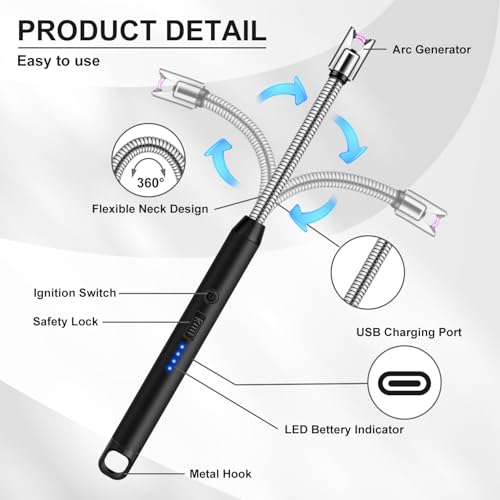 LcFun 2 Pack Candle Lighter Windproof USB C Rechargeable Electric Lighters with 360° Flexible Neck & Safety Lock, Christmas Stocking Stuffers Gifts, Flameless Long Lighters for Candle Grill, BBQ - Image 3