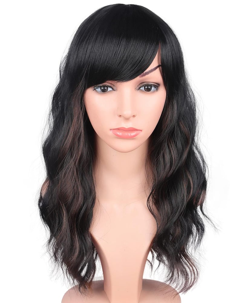 Black Wavy Wig With Brown Highlights - Synthetic Black Hair, Medium Long, Heat Resistant, Daily Use, 16 Inches (Black With Brown Highlights)