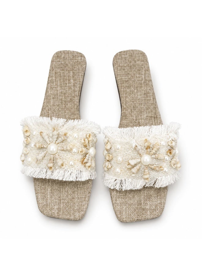 Women’s Flat Slide Sandals with Pearl, Seashell and Fringe Embellishments, Square Toe Summer Beach Slippers – Off White – Code 5009 - Image 2