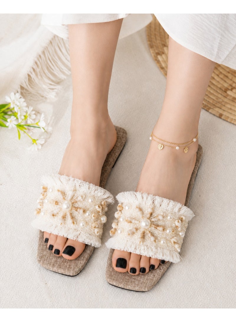 Women’s Flat Slide Sandals with Pearl, Seashell and Fringe Embellishments, Square Toe Summer Beach Slippers – Off White – Code 5009 - Image 3
