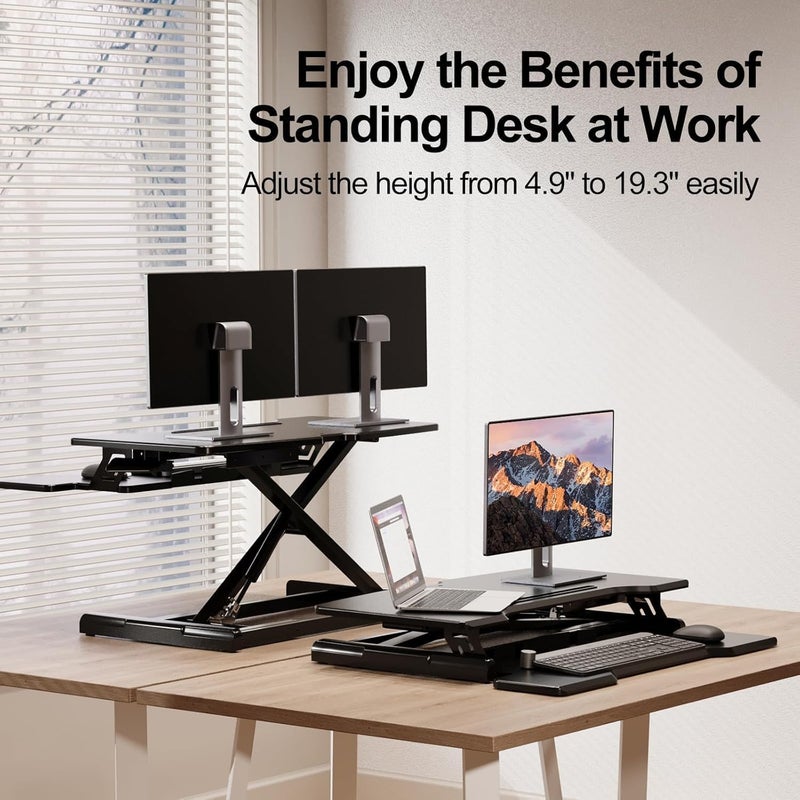 Fh Standing Desk Converter 32 inch, Height Adjustable Sit Stand Desk Riser, Quick Sit to Stand Tabletop Dual Monitor and Laptop Riser Workstation for Home Office with Keyboard Tray, Black - Image 2