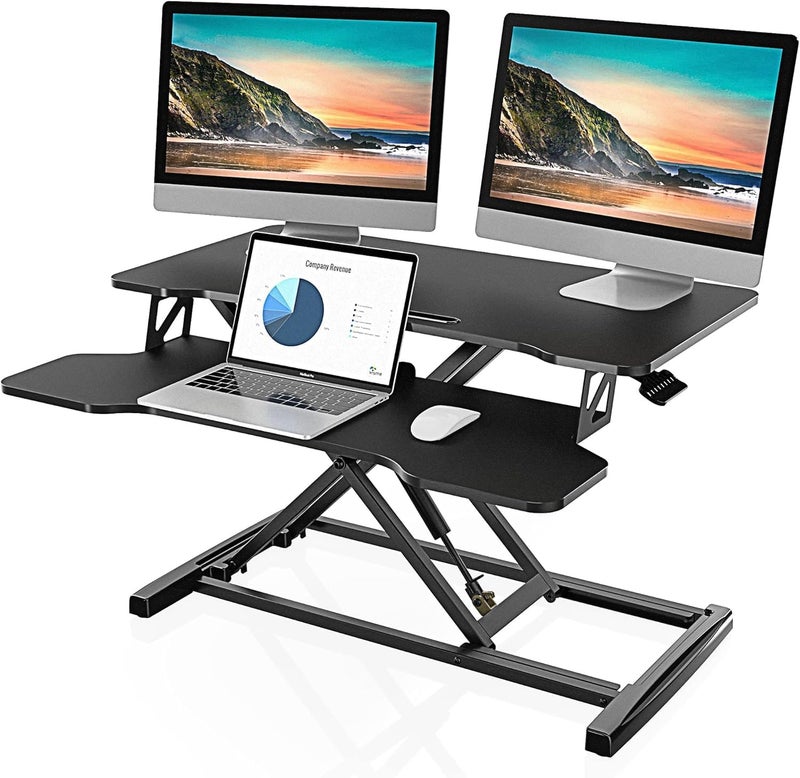 Fh Standing Desk Converter 32 inch, Height Adjustable Sit Stand Desk Riser, Quick Sit to Stand Tabletop Dual Monitor and Laptop Riser Workstation for Home Office with Keyboard Tray, Black - Image 1