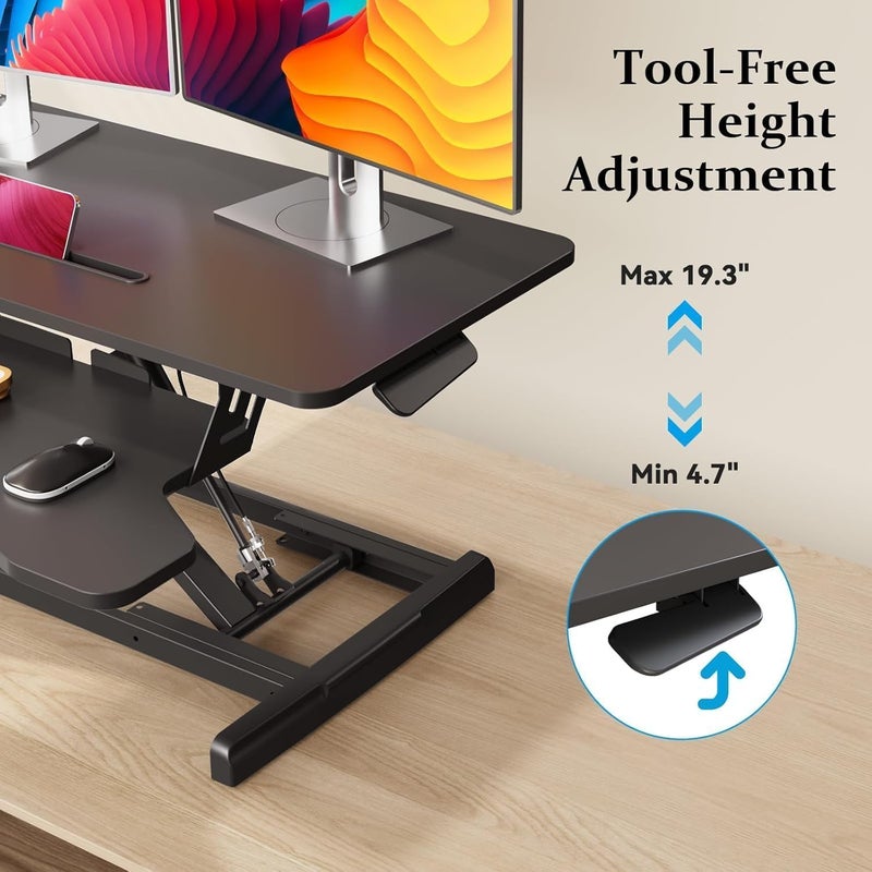 Fh Standing Desk Converter 32 inch, Height Adjustable Sit Stand Desk Riser, Quick Sit to Stand Tabletop Dual Monitor and Laptop Riser Workstation for Home Office with Keyboard Tray, Black - Image 3