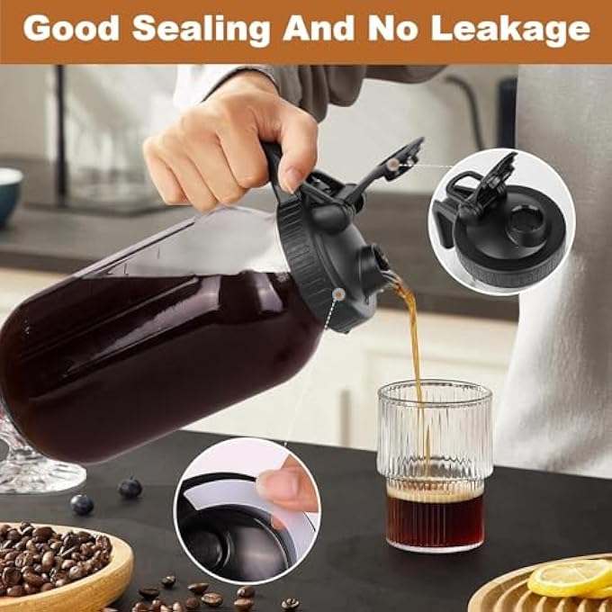 MostNow Cold Brew Coffee Maker64Oz Wide Mouth Mason Jar Pitcher With Stainless Steel FilterPour Spout Handle LidHeavy Duty Glass Airtight  LeakProof Pitcher For Iced Coffee  Tea Lemonade Black - Image 5
