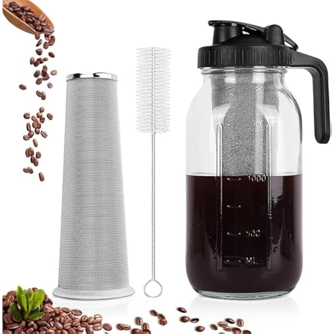 MostNow Cold Brew Coffee Maker64Oz Wide Mouth Mason Jar Pitcher With Stainless Steel FilterPour Spout Handle LidHeavy Duty Glass Airtight  LeakProof Pitcher For Iced Coffee  Tea Lemonade Black - Image 1