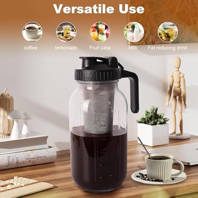 MostNow Cold Brew Coffee Maker64Oz Wide Mouth Mason Jar Pitcher With Stainless Steel FilterPour Spout Handle LidHeavy Duty Glass Airtight  LeakProof Pitcher For Iced Coffee  Tea Lemonade Black - Image 4