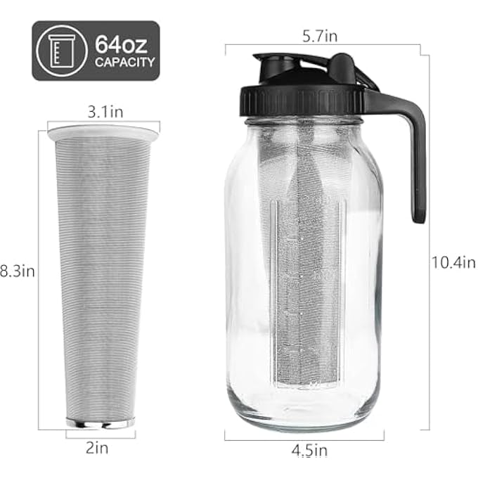 MostNow Cold Brew Coffee Maker64Oz Wide Mouth Mason Jar Pitcher With Stainless Steel FilterPour Spout Handle LidHeavy Duty Glass Airtight  LeakProof Pitcher For Iced Coffee  Tea Lemonade Black - Image 3