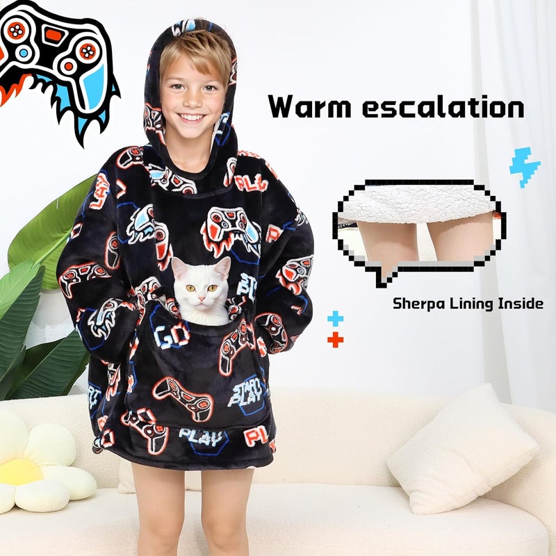 REXEO Wearable Blanket Hoodie for Kids Fleece Sweatshirt Blanket Gamer Gifts for Boys Girls Flannel Hooded Blanket with Pocket and Sleeves for Kids - Image 5