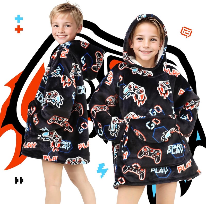 REXEO Wearable Blanket Hoodie for Kids Fleece Sweatshirt Blanket Gamer Gifts for Boys Girls Flannel Hooded Blanket with Pocket and Sleeves for Kids - Image 4