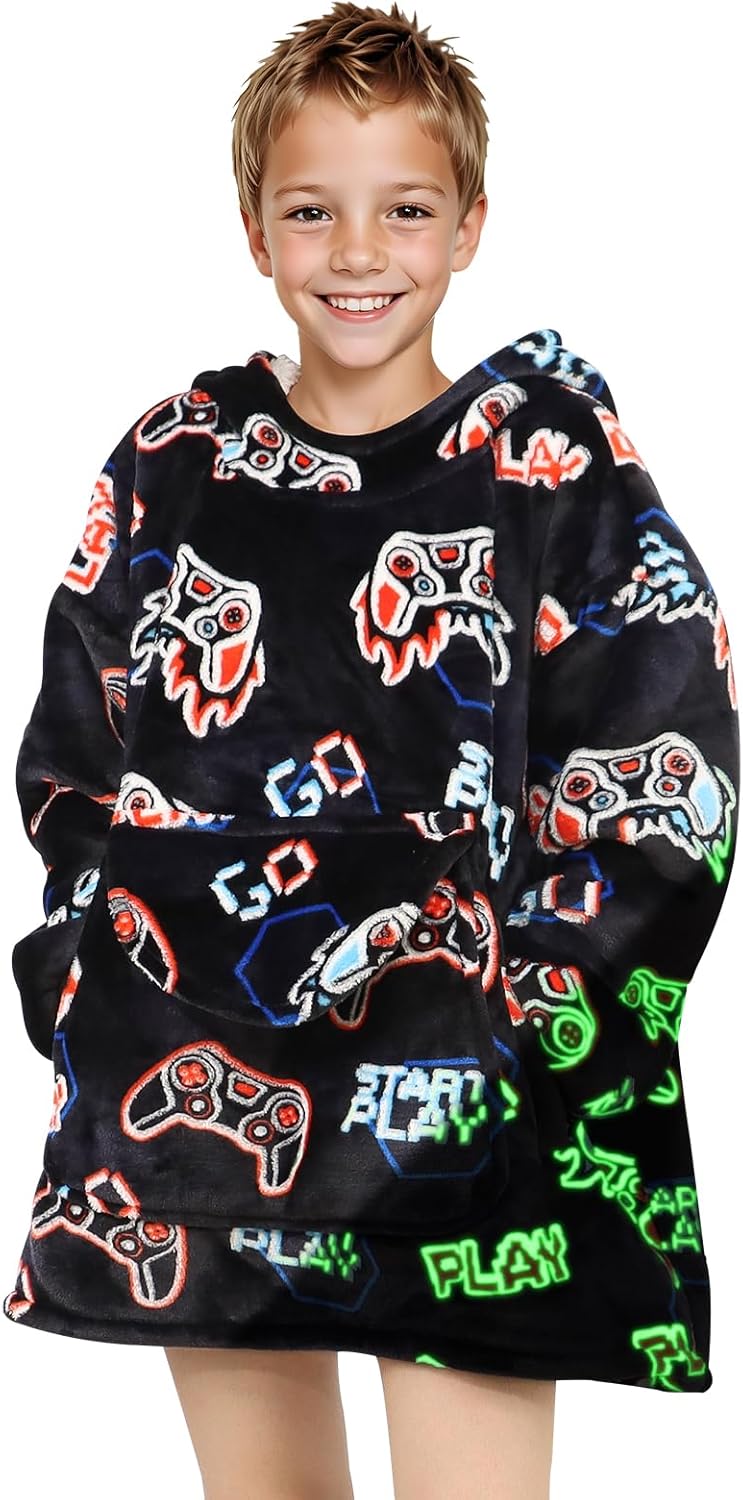 REXEO Wearable Blanket Hoodie for Kids Fleece Sweatshirt Blanket Gamer Gifts for Boys Girls Flannel Hooded Blanket with Pocket and Sleeves for Kids - Image 1
