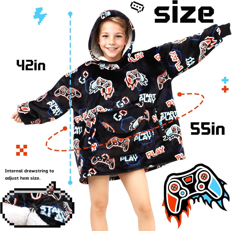 REXEO Wearable Blanket Hoodie for Kids Fleece Sweatshirt Blanket Gamer Gifts for Boys Girls Flannel Hooded Blanket with Pocket and Sleeves for Kids - Image 2