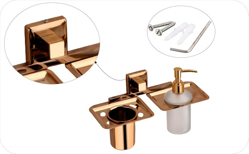 KANJAL KANJAL soap Dispenser with Toothbrush Holder for washbasin Liquid Dispenser and Brush Holder for Bathroom Tumbler Holders dispensers 40304 Stainless SteelRose Gold pvdFrosted Glass  - Image 4