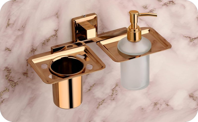 KANJAL KANJAL soap Dispenser with Toothbrush Holder for washbasin Liquid Dispenser and Brush Holder for Bathroom Tumbler Holders dispensers 40304 Stainless SteelRose Gold pvdFrosted Glass  - Image 1