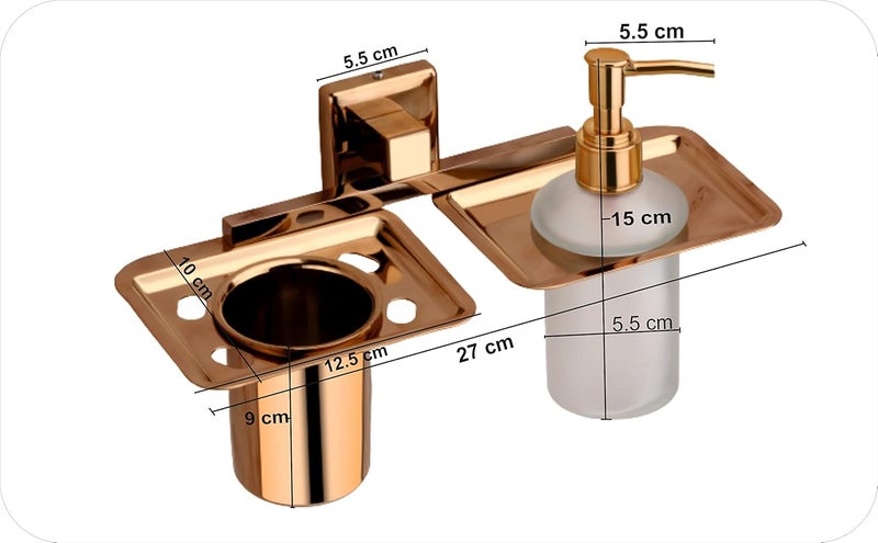 KANJAL KANJAL soap Dispenser with Toothbrush Holder for washbasin Liquid Dispenser and Brush Holder for Bathroom Tumbler Holders dispensers 40304 Stainless SteelRose Gold pvdFrosted Glass  - Image 2