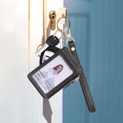 M-Plateau Wallet, Womens card Holder Leather Keychain Wallet With Zipper Coin Pocket ID Window Wrist Strap Gift Box (Black) - Image 4