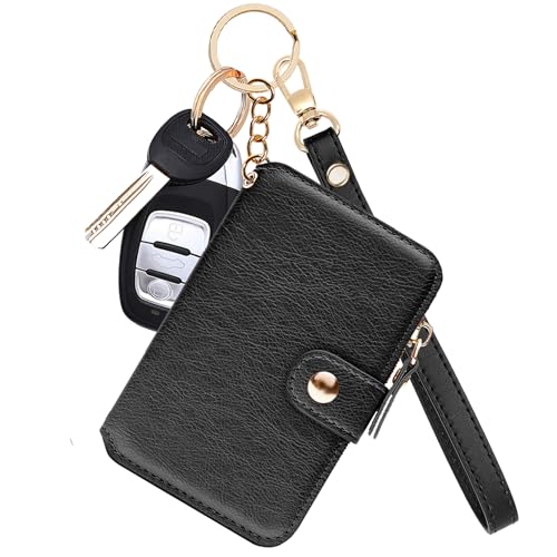 M-Plateau Wallet, Womens card Holder Leather Keychain Wallet With Zipper Coin Pocket ID Window Wrist Strap Gift Box (Black) - Image 1